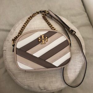 Tory Burch Kira Beige Chevron Camera Crossbody Bag